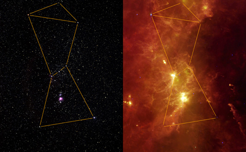 Снимок созвездия Орион в видимом диапазоне (слева) и в ифракрасном. На последнем, конечно, заметно больше деталей