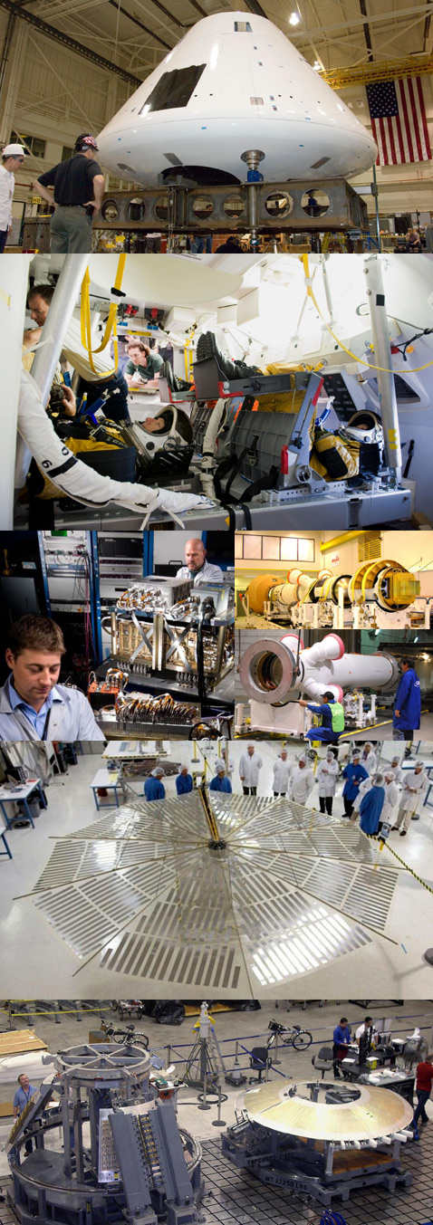 В цехах Lockheed Martin, а также в корпусах ряда космических центров NASA уже зреют большие и малые элементы будущего "Ориона", подготавливаются полноразмерные макеты для тестов, испытательные стенды и так далее (фотографии NASA).